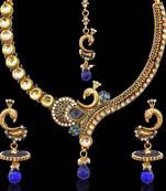 Blue stones peacock on a branch kundan pearl necklace set by adiva v331b