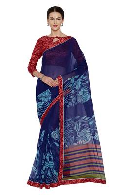 Navy blue printed super net saree with blouse 1
