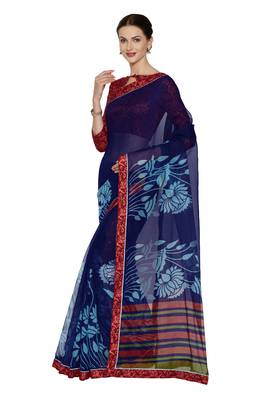 Navy blue printed super net saree with blouse 2