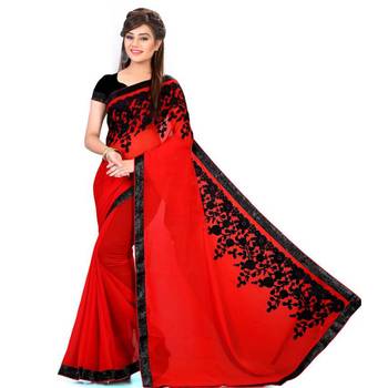 Red embroidered georgette saree with blouse 1