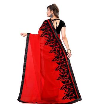 Red embroidered georgette saree with blouse 2