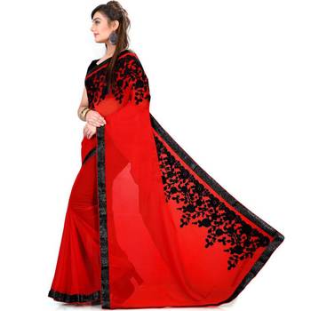 Red embroidered georgette saree with blouse 3