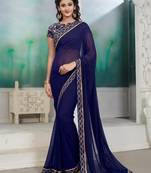 Navy blue embroidered chiffon saree with blouse