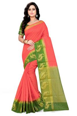 Light Orange Printed Cotton Silk Saree With Blouse 1