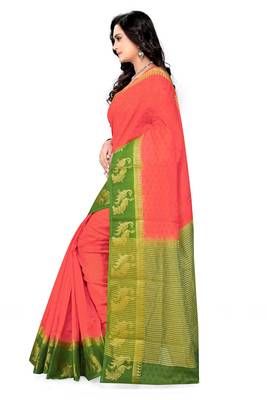Light Orange Printed Cotton Silk Saree With Blouse 3