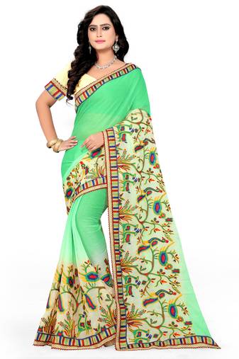 Light Green Embroidered Chiffon Saree With Blouse