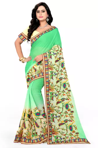 Light Green Embroidered Chiffon Saree With Blouse