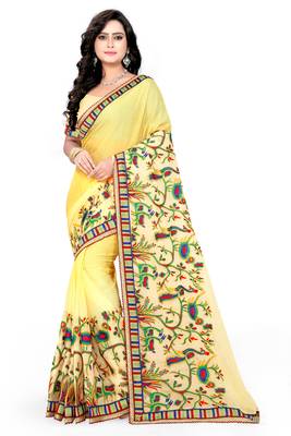 Light Yellow Embroidered Chiffon Saree With Blouse 1