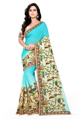 Light Blue Embroidered Chiffon Saree With Blouse 1