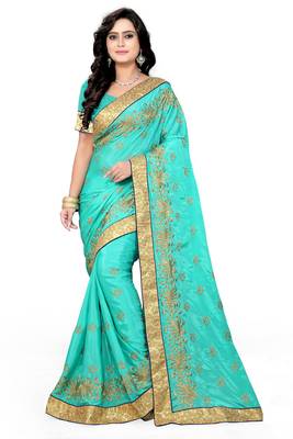 Sky Blue Embroidered Art Silk Sarees Saree With Blouse 1