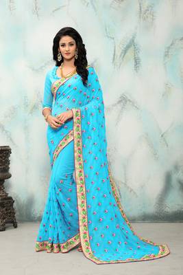 Sky blue embroidered georgette saree with blouse 1