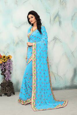 Sky blue embroidered georgette saree with blouse 2