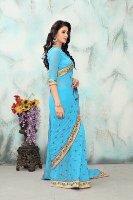 Sky blue embroidered georgette saree with blouse 4