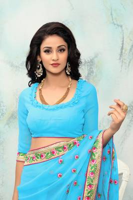 Sky blue embroidered georgette saree with blouse 5