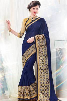 Navy blue embroidered georgette saree with blouse 1