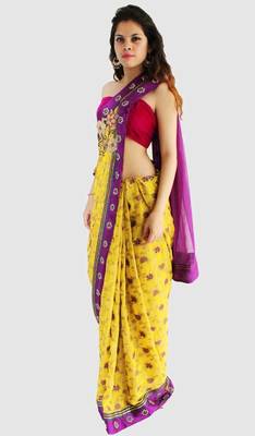 Yellow embroidered georgette saree with blouse 2