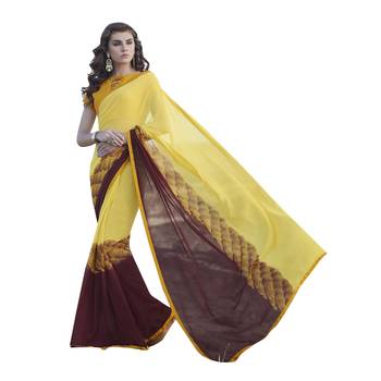 yellow printed georgette saree with blouse 1