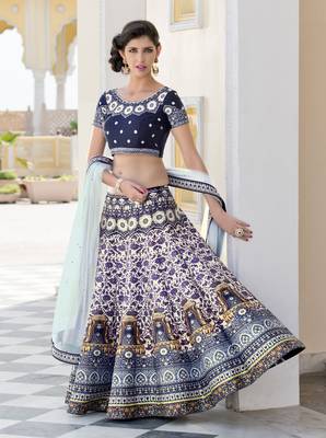 Cream And Blue Premium Heritage Silk Embroidered Semi Stitched Lehenga With Dupatta 1