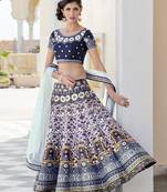 Cream And Blue Premium Heritage Silk Embroidered Semi Stitched Lehenga With Dupatta