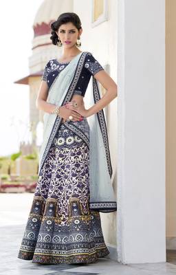 Cream And Blue Premium Heritage Silk Embroidered Semi Stitched Lehenga With Dupatta 2