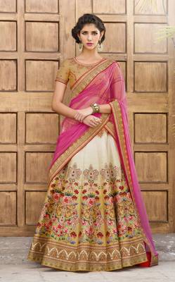 Beige And Cream Premium Heritage Silk Embroidered Semi Stitched Lehenga With Dupatta 1