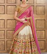 Beige And Cream Premium Heritage Silk Embroidered Semi Stitched Lehenga With Dupatta