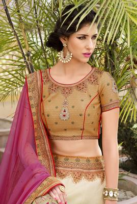 Beige And Cream Premium Heritage Silk Embroidered Semi Stitched Lehenga With Dupatta 2