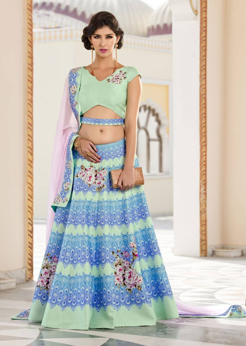 Aqua Blue Semi-Stitched Silk Lehenga Set with Contrast Crepe Dupatta & Resham Embroidery