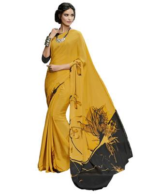 Yellow printed crepe saree with blouse 1