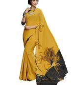 Yellow printed crepe saree with blouse