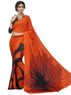 Orange printed crepe saree with blouse 1