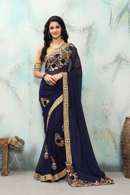 Navy blue embroidered georgette saree with blouse 1