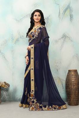 Navy blue embroidered georgette saree with blouse 2