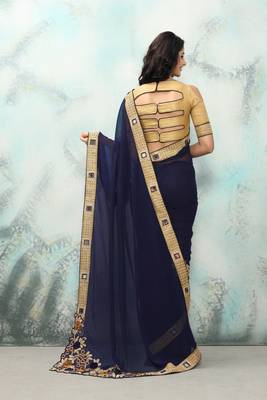 Navy blue embroidered georgette saree with blouse 3