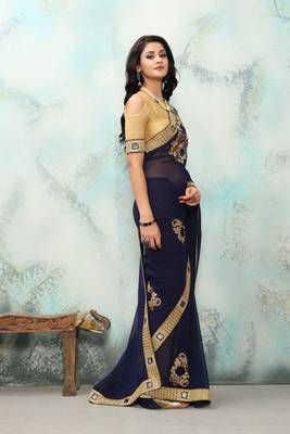 Navy blue embroidered georgette saree with blouse 4