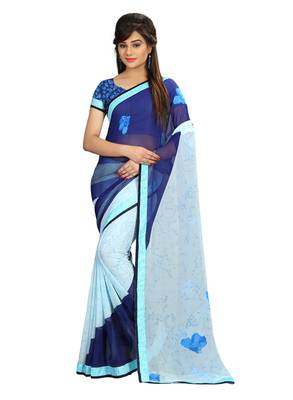 blue printed georgette saree with blouse 1