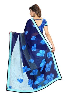 blue printed georgette saree with blouse 2