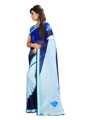 blue printed georgette saree with blouse 4