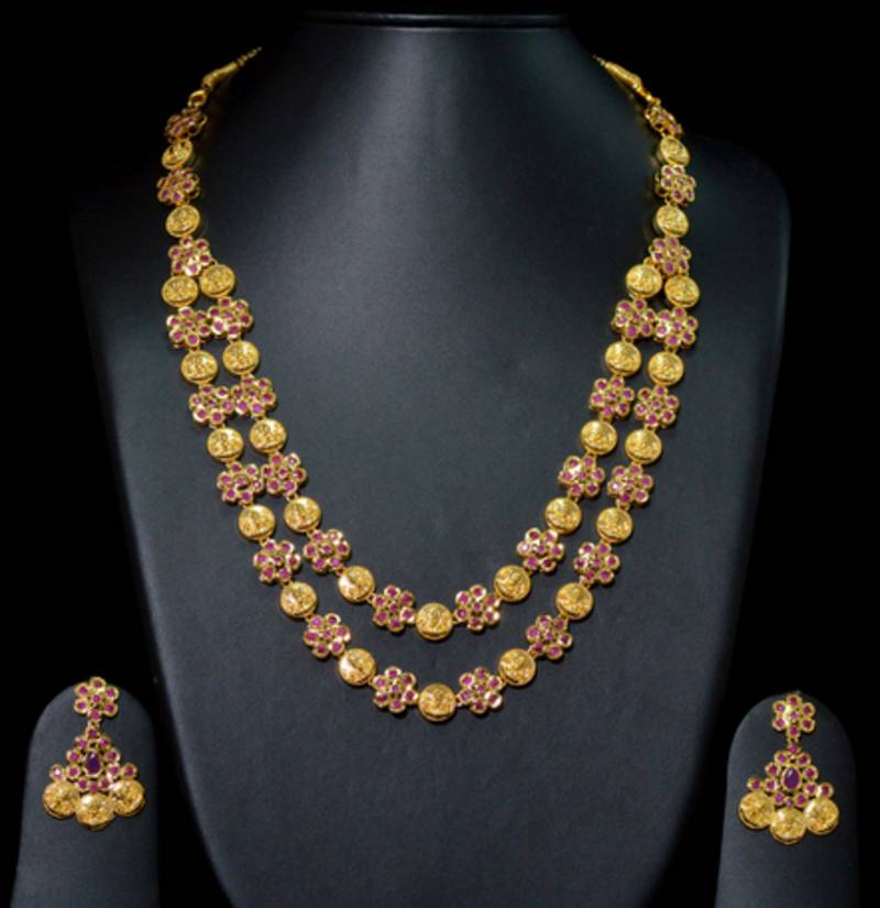 traditional ruby color  kasu lakshmi ji coins necklace set