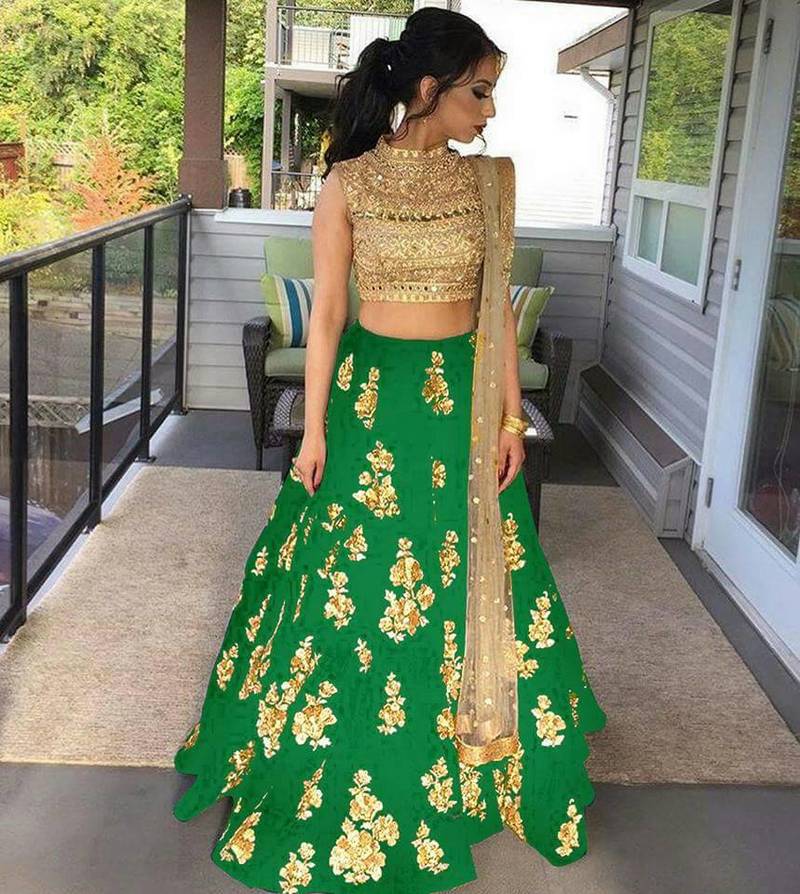 Green silk embroidered lehenga with 