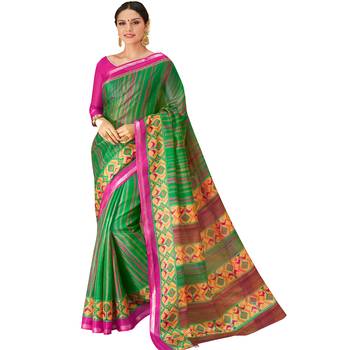 green printed cotton silk saree with blouse 1