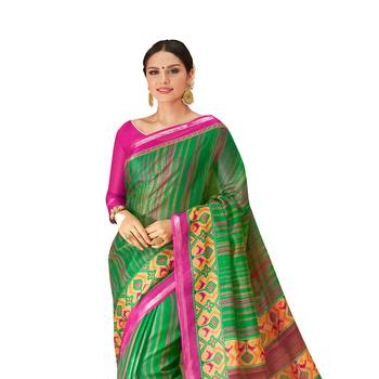green printed cotton silk saree with blouse 2
