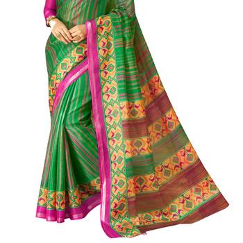 green printed cotton silk saree with blouse 3