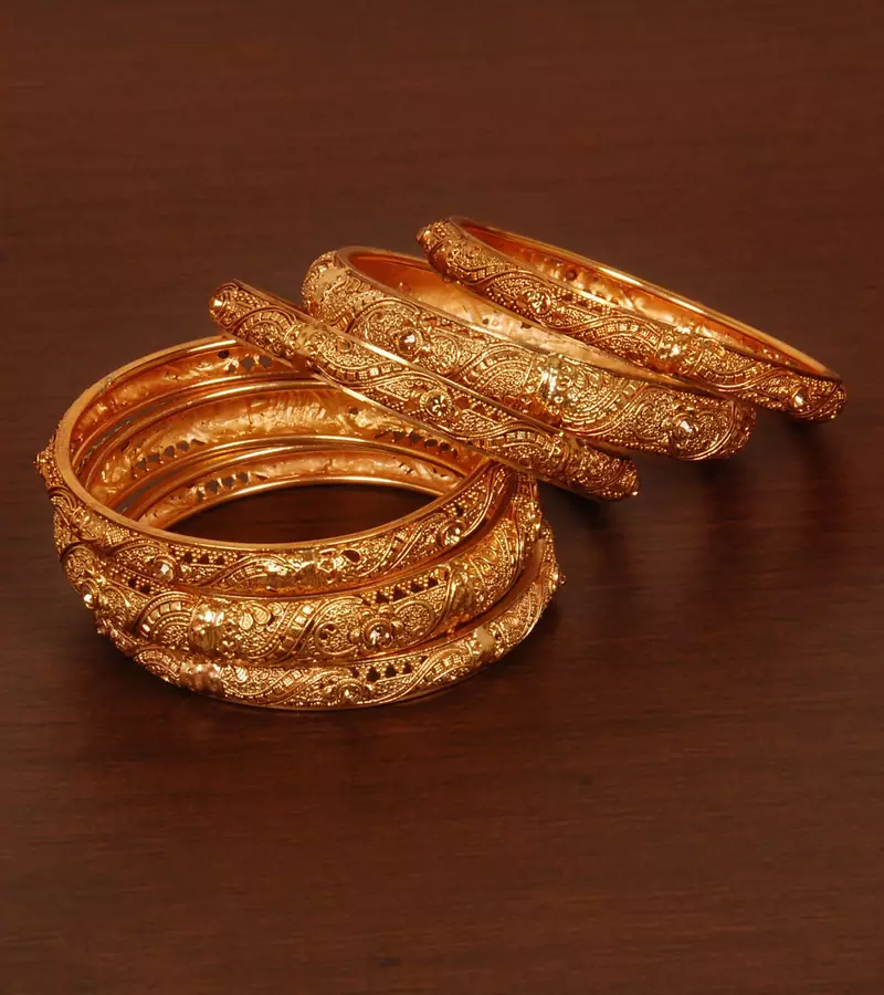 Gold Plated Gheru Copper Made Zircon Worked Bangles Set
