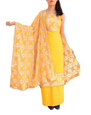 Giftpiper Handembroidered Phulkari Suit In Cotton Silk  Yellow & White 1