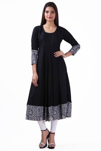 Black plain viscose stitched rayon ethnic-kurtis