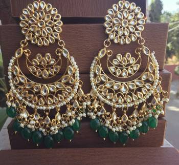 Green (Oversized) Kundan Chandbali Earrings  1