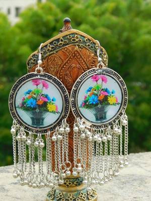 Reversible Flower Print Danglers In Oxidized Metal 1