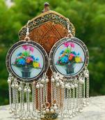 Reversible Flower Print Danglers In Oxidized Metal