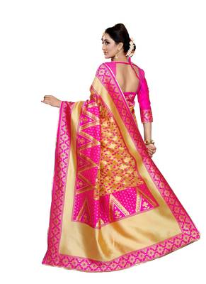 Pink woven banarasi art silk saree with blouse 3